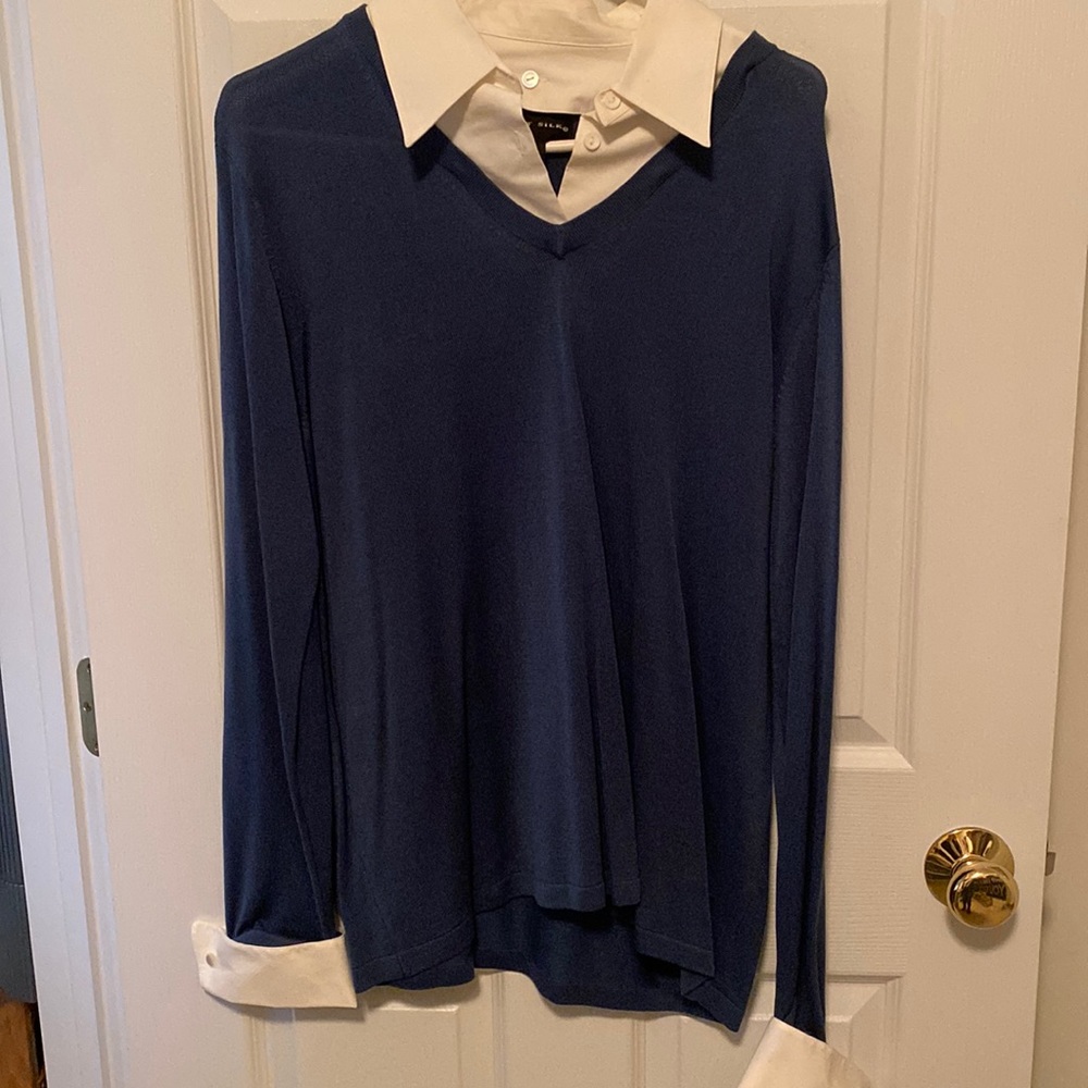 Blue Silk Sweater with White collar